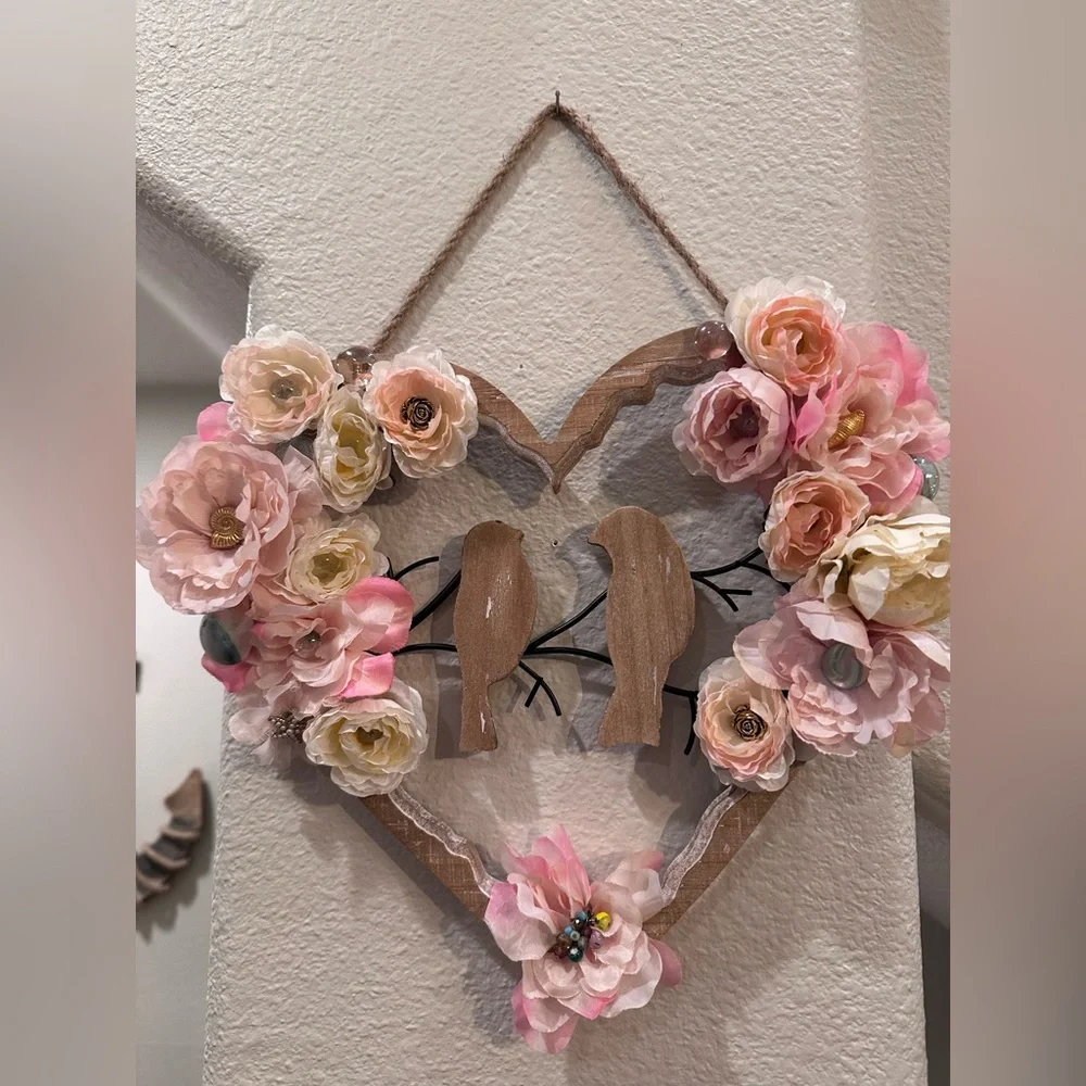 Handmade Floral Heart Wall Decor Birds Shabby Chic Cottagecore Wood Hanging